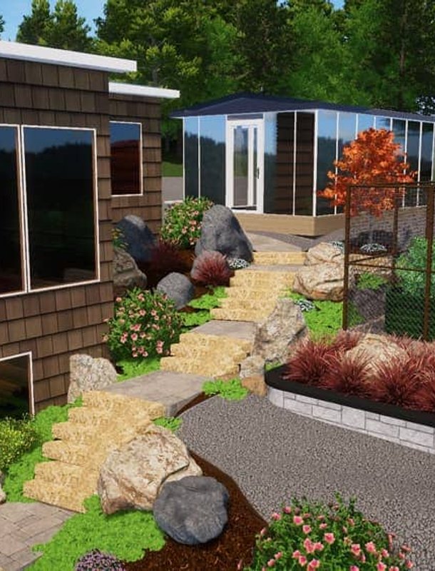 3D landscape design of a hillside garden with stone steps