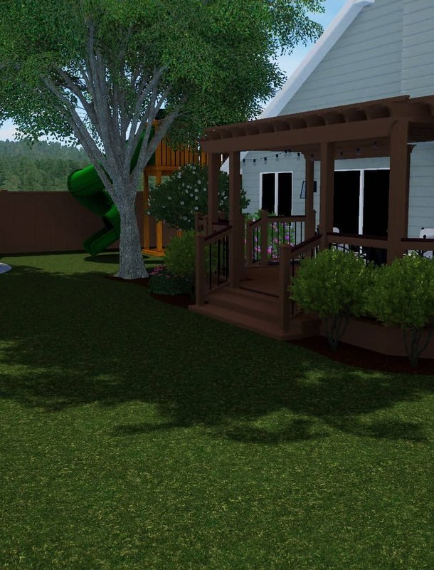 3D backyard design with deck, pergola, lawn, and planting beds