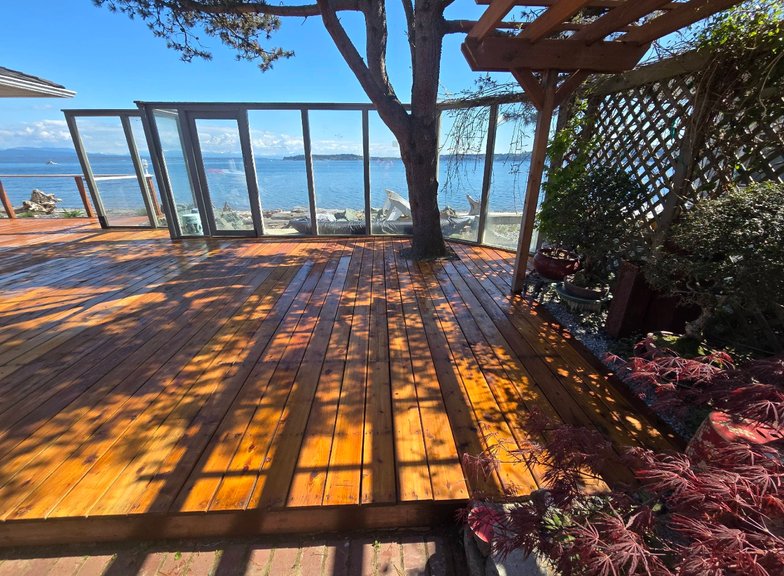 Waterfront wood deck and pergola on a Whidbey Island property